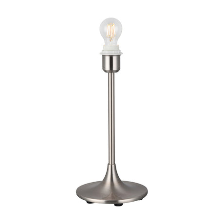 Crowne E27 Table Lamp 18cm in satin nickel, a slim iron base with rounded foot and exposed lampholder holding a bulb, shown on a plain white background.