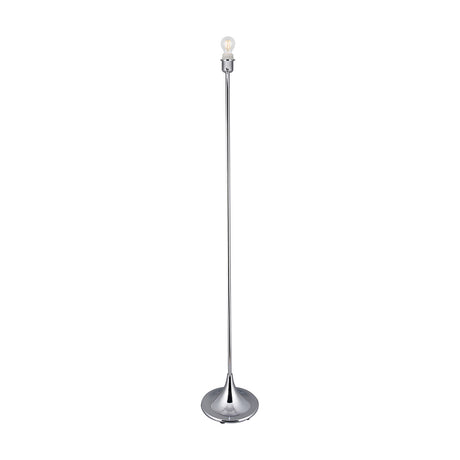 Crowne E27 floor lamp in polished chrome with a slim curved tube rising from a round 25cm base, shown unshaded with an exposed bulb on a plain white background.