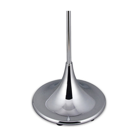 Crowne E27 floor lamp base in polished chrome, showing the round curved 25cm foot and tapered stem rising into the vertical tube, shown on a plain white background.
