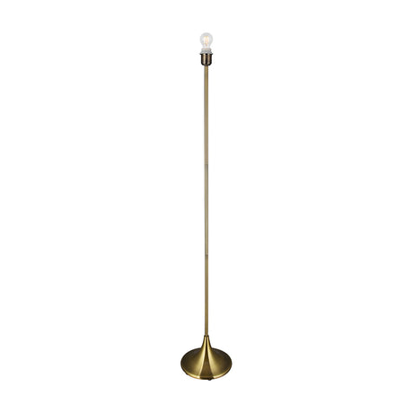 Crowne E27 Floor Lamp in antique brass with a slender straight stem, round tapered base, and exposed bulb, shown against a plain white background.