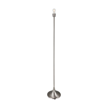 Crowne E27 floor lamp with slender satin nickel stem, round weighted base, and exposed bulb fitting, shown on a plain white background.