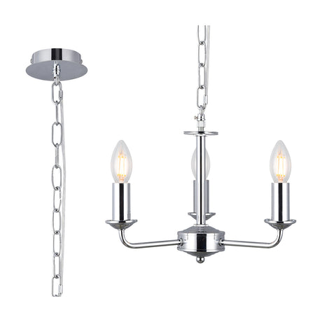 Banyan 3 Light E14 Pendant Light in polished chrome, three curved arms with candle-style bulbs on an adjustable chain, shown with a matching ceiling chain and rose on a white background.