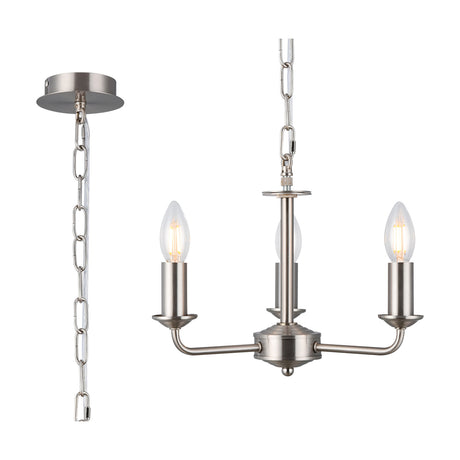 Banyan 3 Light E14 Pendant Light 35cm in satin nickel, three curved arms with exposed candle bulbs on a central stem, shown with hanging chain and ceiling mount on a white background.
