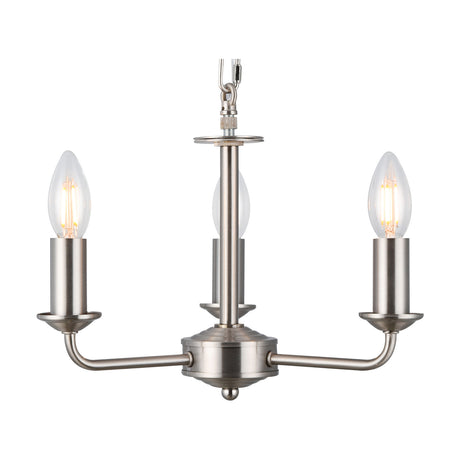 Banyan 3 Light E14 Pendant Light 35cm in satin nickel, three curved arms with exposed candle bulbs around a central stem, shown on a plain white background.