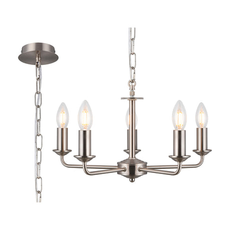 Banyan 5 Light E14 Pendant Light, 45cm satin nickel frame with five curved arms and upturned holders fitted with candle bulbs, shown with ceiling chain and plate on a white background.
