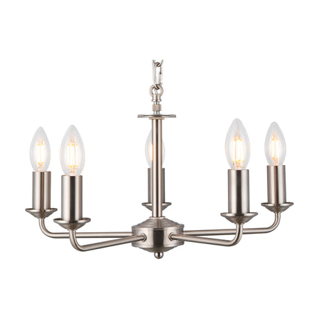 Banyan 5 Light E14 Pendant Light in satin nickel, five curved arms with upturned candle-style holders and exposed bulbs on a plain white background.
