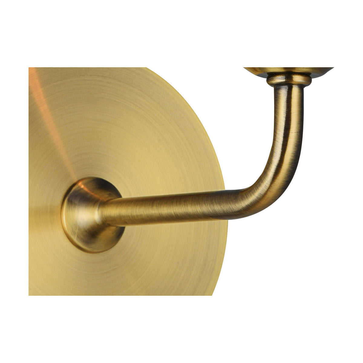Close-up of the Banyan E14 Wall Light in antique brass, showing the round backplate and curved arm leading to the lampholder, on a plain white background.