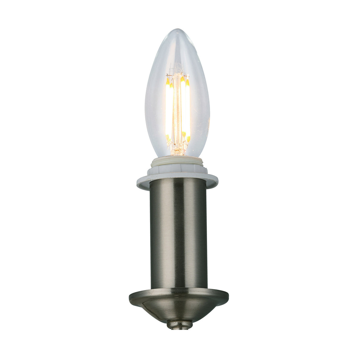Banyan E14 wall light, 18cm, satin nickel candle-style holder with a lit clear filament bulb, iron body and mounting bracket, shown on a plain white background.