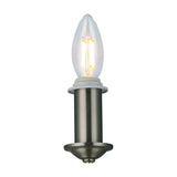Banyan E14 wall light, 18cm, satin nickel candle-style holder with a lit clear filament bulb, iron body and mounting bracket, shown on a plain white background.