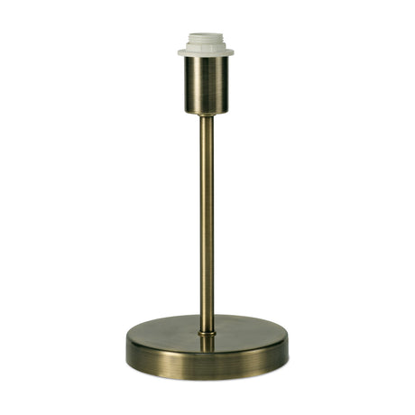 Cedar E14 table lamp base in antique brass with a rounded foot and plain upright stem, white E14 lampholder, shown shadeless on a plain white background.