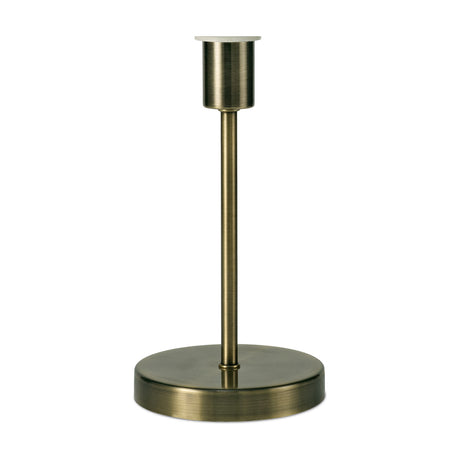 Cedar E14 table lamp in antique brass with a round base and plain upright stem to the lampholder, shown bare without a shade on a white background.