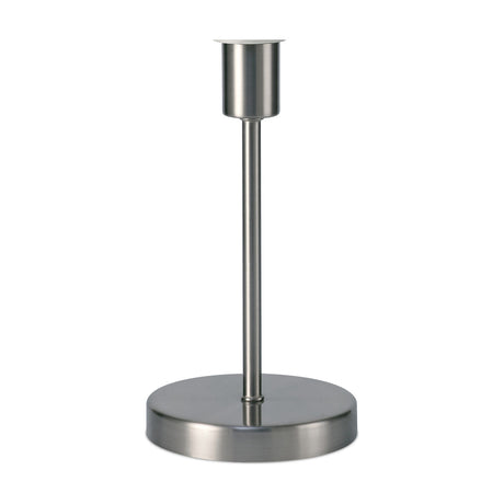 Cedar E14 Table Lamp in satin nickel, showing a compact 13cm round base with a slim upright stem and E14 socket, shade sold separately, on a plain white background.