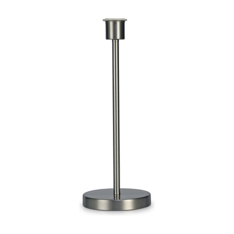 Cedar E27 Table Lamp base in satin nickel, slim round column on a circular 16cm foot, shade-free, shown on a plain white background.