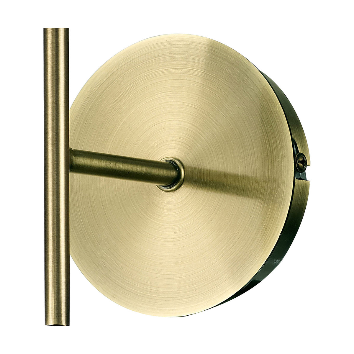 Carlton 1 Light E27 Wall Light in antique brass, showing a round disc backplate with an open lampholder and vertical mounting bar, on a plain white background.