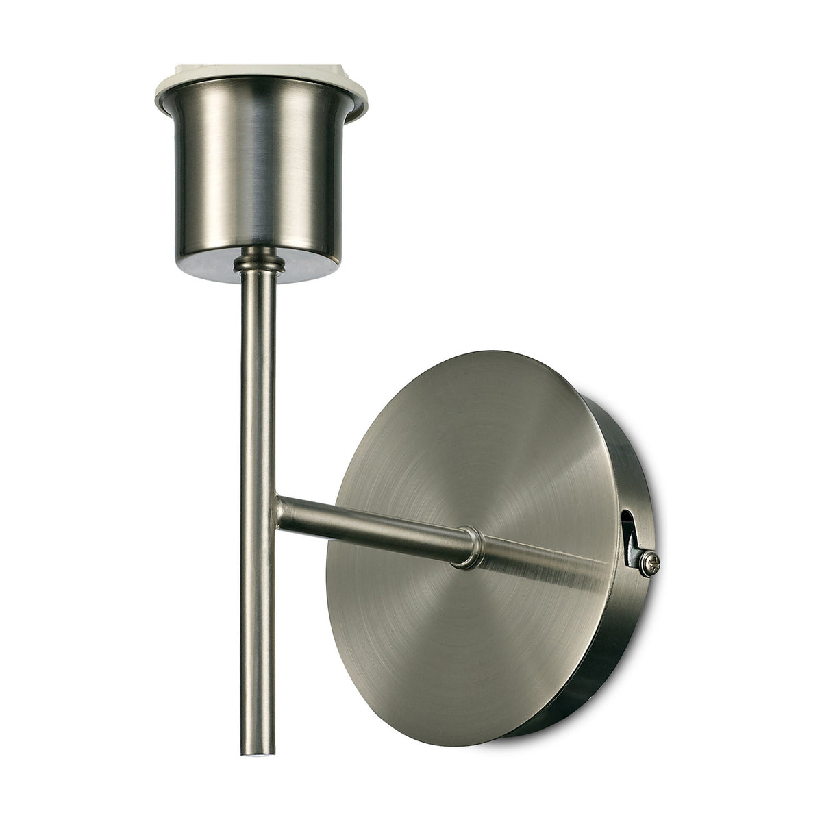 Carlton 1 Light E27 Wall Light in satin nickel, showing an open cup lampholder on a slim rod arm mounted to a round backplate, on a plain white background.