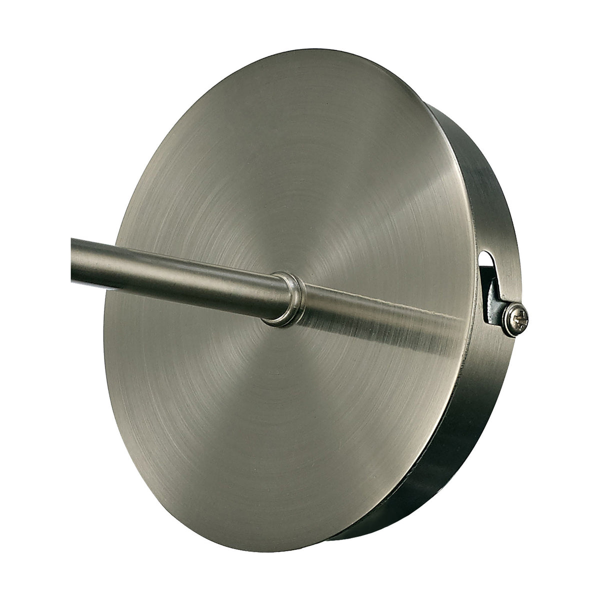 Carlton 1 Light E27 Wall Light in satin nickel, close-up of the round backplate and arm with open lampholder, shown on a plain white background.