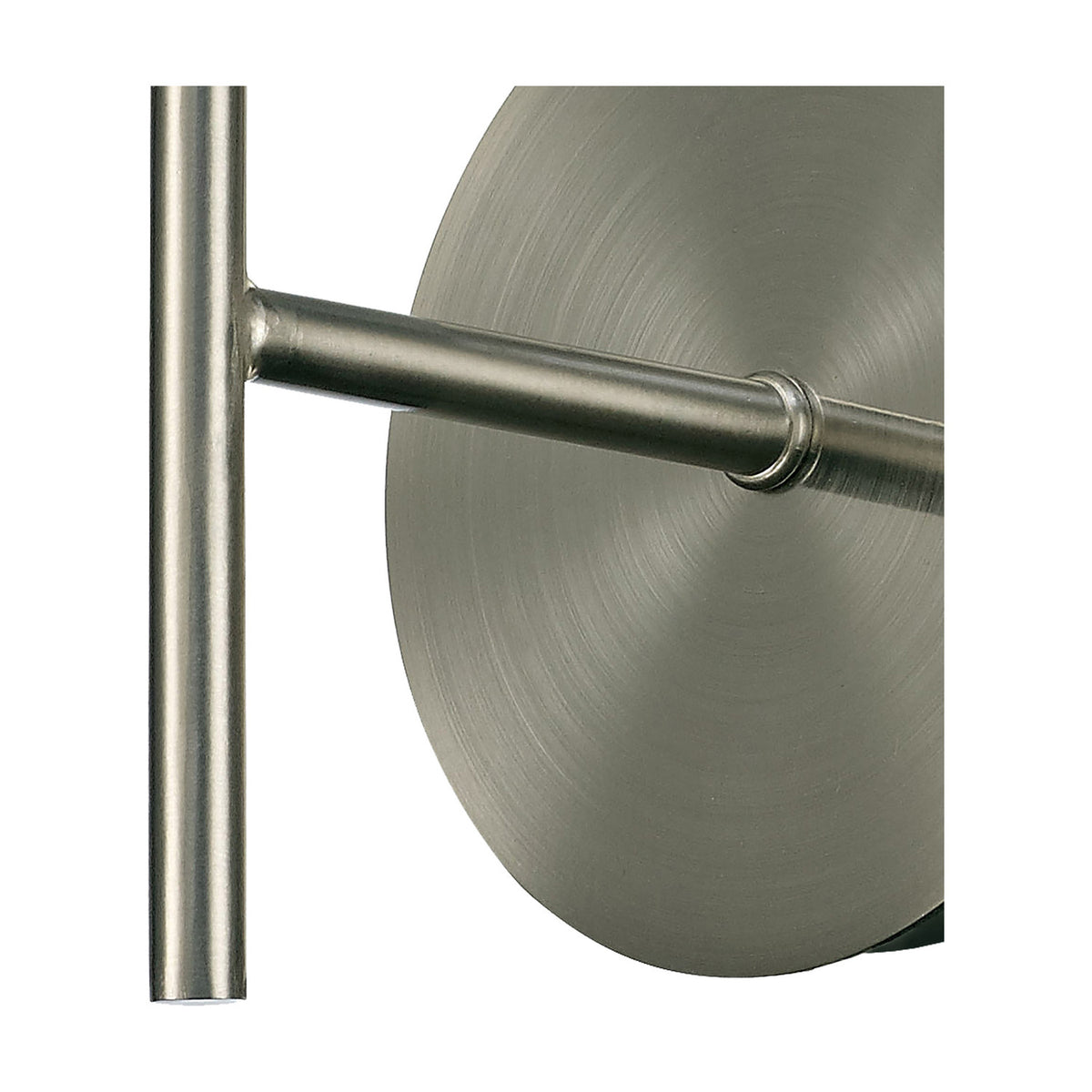 Close-up of the Carlton 1 Light E27 Wall Light in satin nickel, showing the iron backplate and cylindrical arm with open E27 lampholder against a white background.