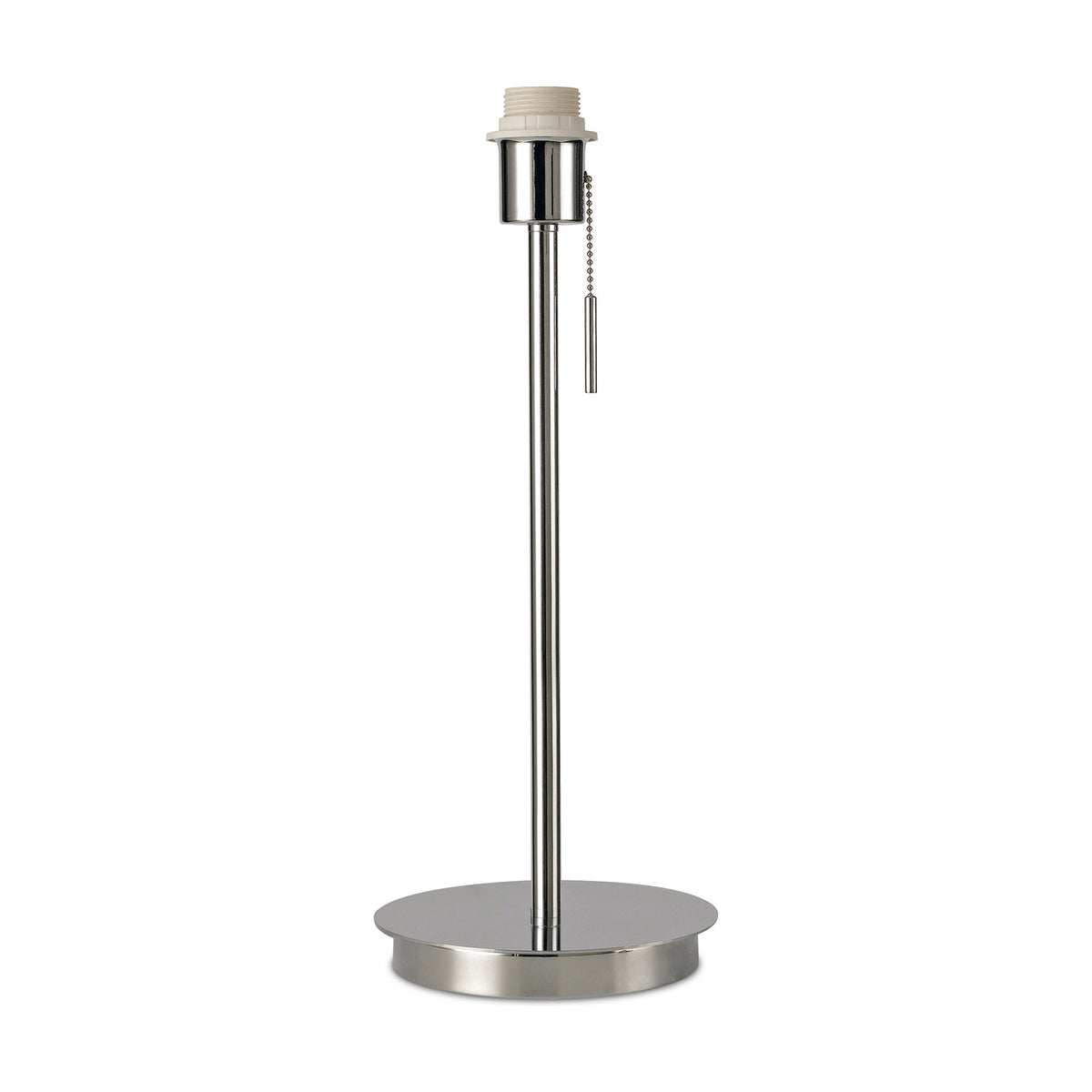 Carlton E27 Table Lamp base in polished chrome, with round 18cm base, slender stem, pull-chain switch, and shadeless E27 lampholder, shown on a plain white background.