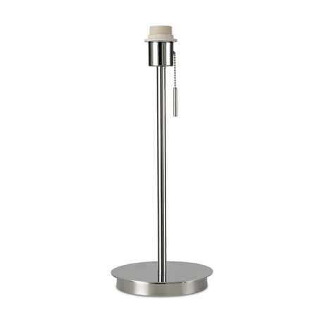 Carlton E27 Table Lamp base in polished chrome, with round 18cm base, slender stem, pull-chain switch, and shadeless E27 lampholder, shown on a plain white background.
