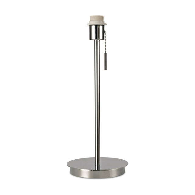 Carlton E27 Table Lamp base in polished chrome, with round 18cm base, slender stem, pull-chain switch, and shadeless E27 lampholder, shown on a plain white background.