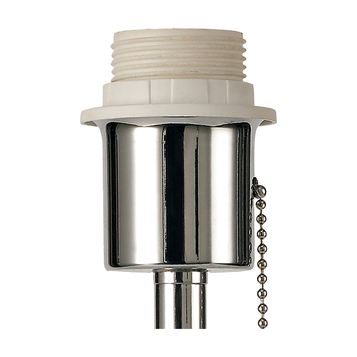 Close-up of the Carlton E27 Table Lamp's polished chrome lampholder with ivory threaded fitting and pull-chain switch, shown on a plain white background.