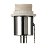 Close-up of the Carlton E27 Table Lamp's polished chrome lampholder with ivory threaded fitting and pull-chain switch, shown on a plain white background.