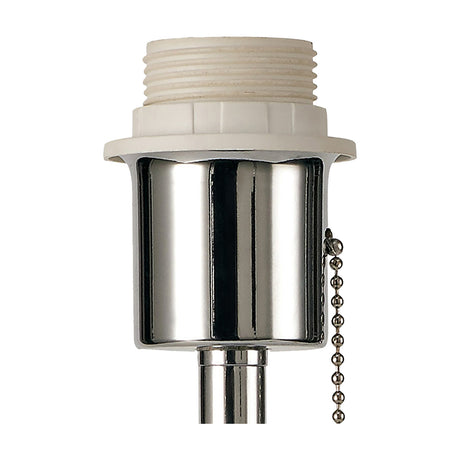 Close-up of the Carlton E27 Table Lamp's polished chrome lampholder with ivory threaded fitting and pull-chain switch, shown on a plain white background.