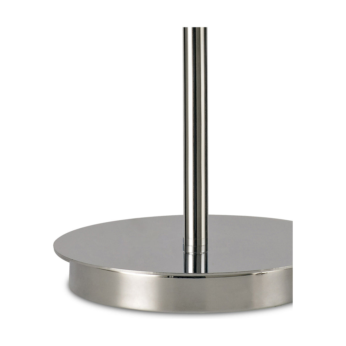 Close-up of the Carlton E27 Table Lamp in polished chrome, showing the round base and slender rod rising to the lampholder against a plain white background.