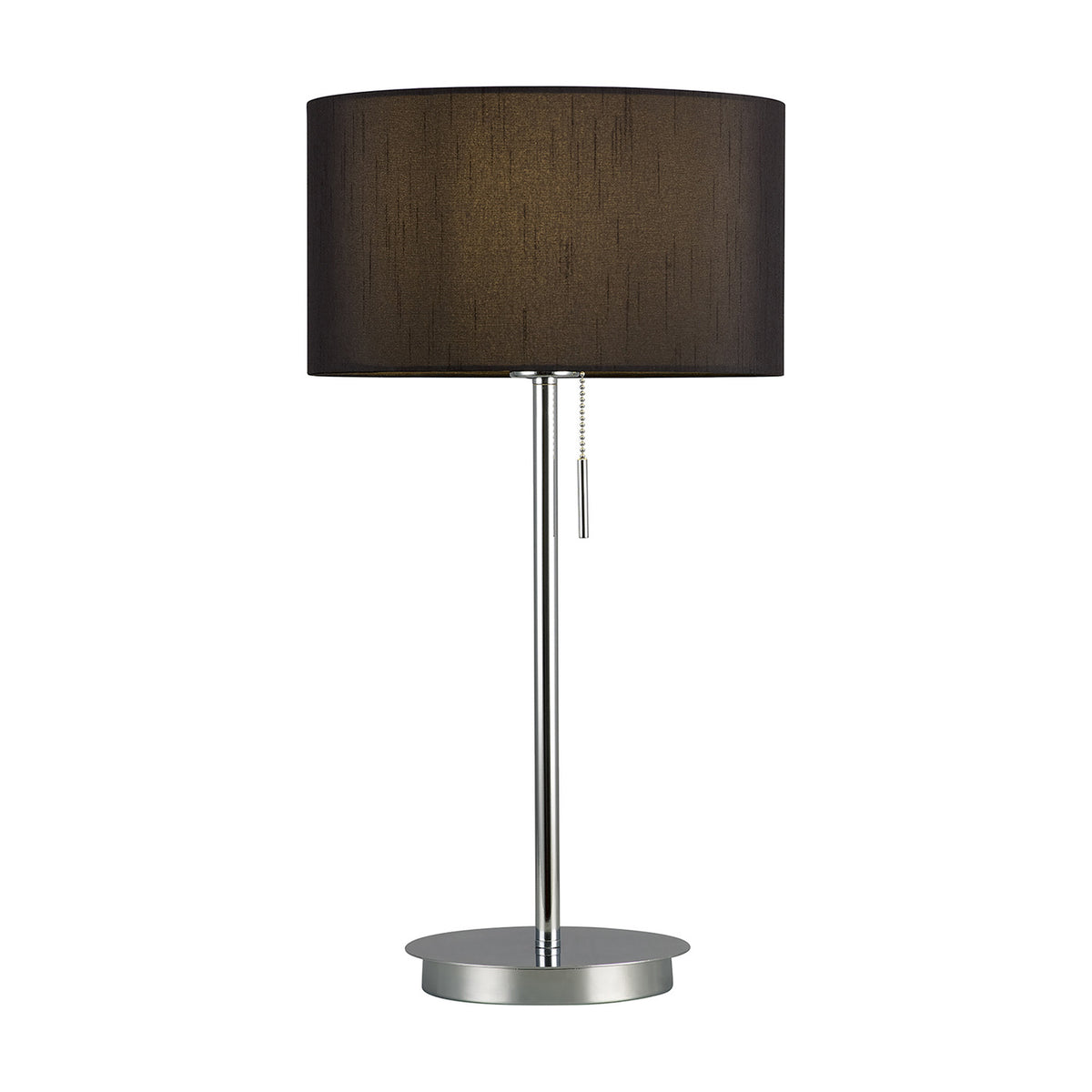Carlton E27 table lamp in polished chrome with a slender stem, pull switch, and round 18cm base, shown with a black drum shade on a white background.