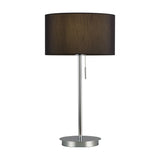 Carlton E27 table lamp in polished chrome with a slender stem, pull switch, and round 18cm base, shown with a black drum shade on a white background.