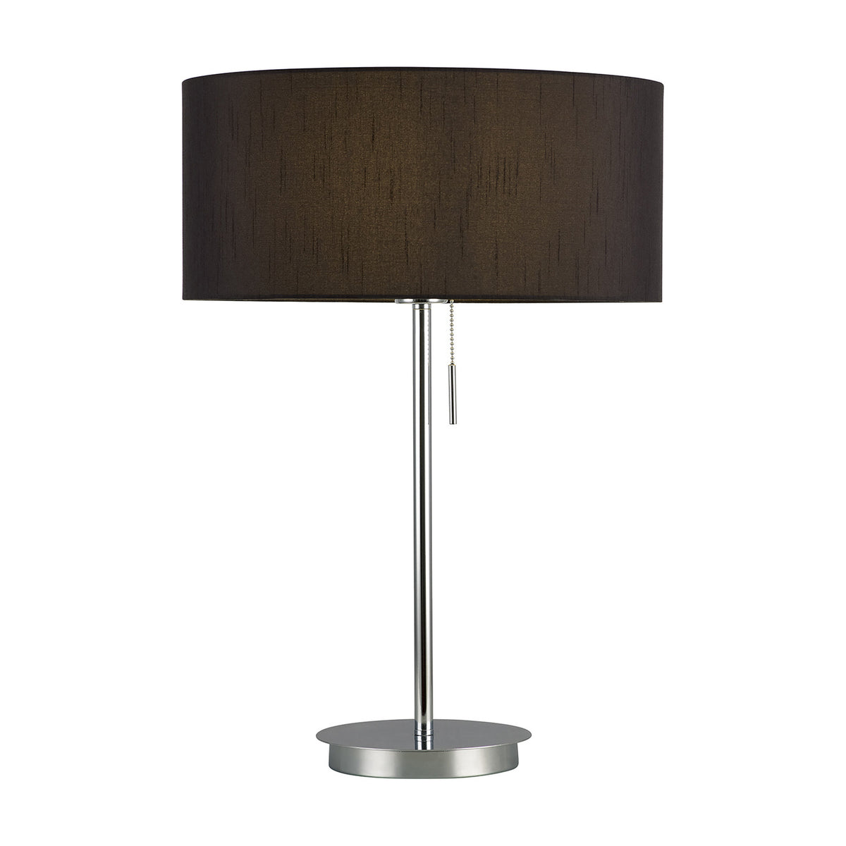 Carlton E27 Table Lamp in polished chrome with a slender stem, round 18cm base, pull switch, and black drum shade, shown on a plain white background.