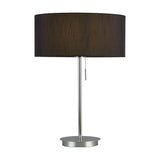 Carlton E27 Table Lamp in polished chrome with a slender stem, round 18cm base, pull switch, and black drum shade, shown on a plain white background.