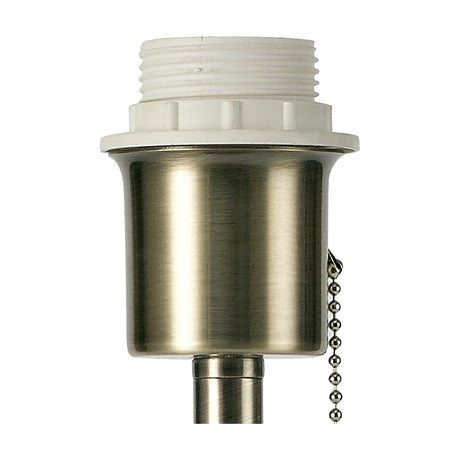 Close-up of the Carlton E27 Table Lamp's antique brass lampholder with threaded E27 socket, pull chain switch, and slim stem, shown on a white background.
