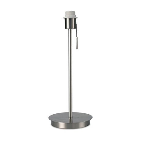 Carlton E27 Table Lamp base in satin nickel with round flat base, slender upright stem and pull-switch lampholder, shown on a plain white background.