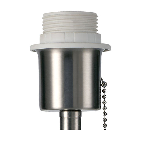 Close-up of the Carlton E27 table lamp's satin nickel lampholder with white threaded fitting and pull chain switch, on a plain white background.