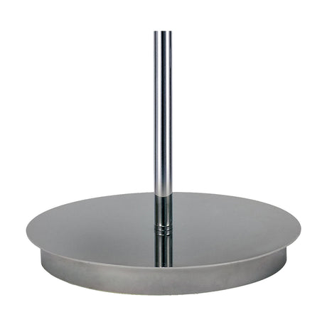 Close-up of the Carlton E27 Floor Lamp's round, flat base in polished chrome with a slim upright metal rod, shown against a plain white background.