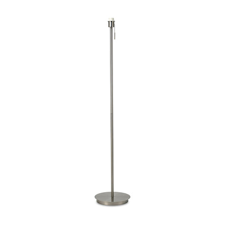 Carlton E27 floor lamp in satin nickel, bare-stem design with slim upright pole, round flat base, and pull switch at the shadeless holder, shown on a plain white background.