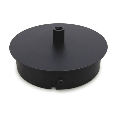 Dreifa Ceiling Box 11cm in matt black, a round iron disc with central cable outlet and a visible fixing screw, shown on a plain white background.