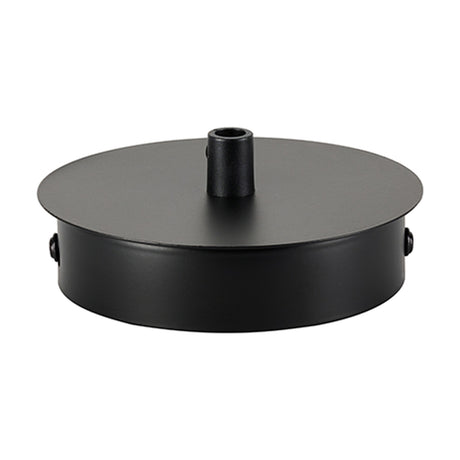 Dreifa Ceiling Box 11cm in matt black, a round iron pendant ceiling cup with central cable outlet, shown on a plain white background.