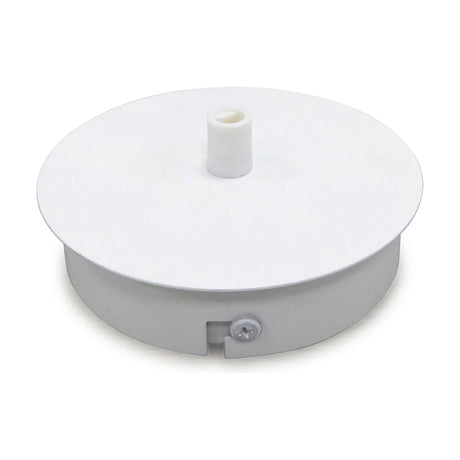 Dreifa Ceiling Box 11cm in matt white, a round iron ceiling rose with a central cable outlet and side fixing screw, shown on a plain white background.