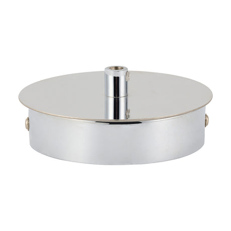 Dreifa Ceiling Box 11cm in polished chrome, a round lighting accessory with central cable grip and side screws, shown on a plain white background.