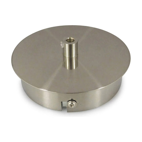 Dreifa Ceiling Box 11cm in satin nickel, a round low-profile disc with central cable exit and side fixing screw, shown on a plain white background.