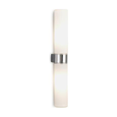 Tasso 2 Light E14 IP44 wall light with two vertical opal white glass tubes joined by a central polished chrome bracket, shown on a plain white background.