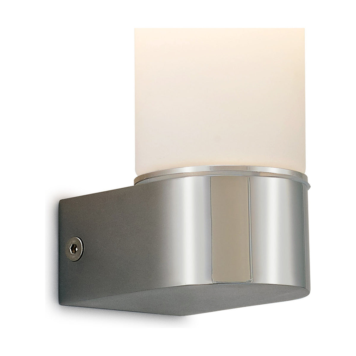 Tasso E14 IP44 wall light with an upright tubular opal white glass diffuser on a compact polished chrome backplate with visible fixing screw, shown on a plain white background.