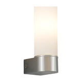 Tasso E14 IP44 wall light with tall opal white glass tube diffuser on a compact polished chrome backplate, shown lit against a plain white background.
