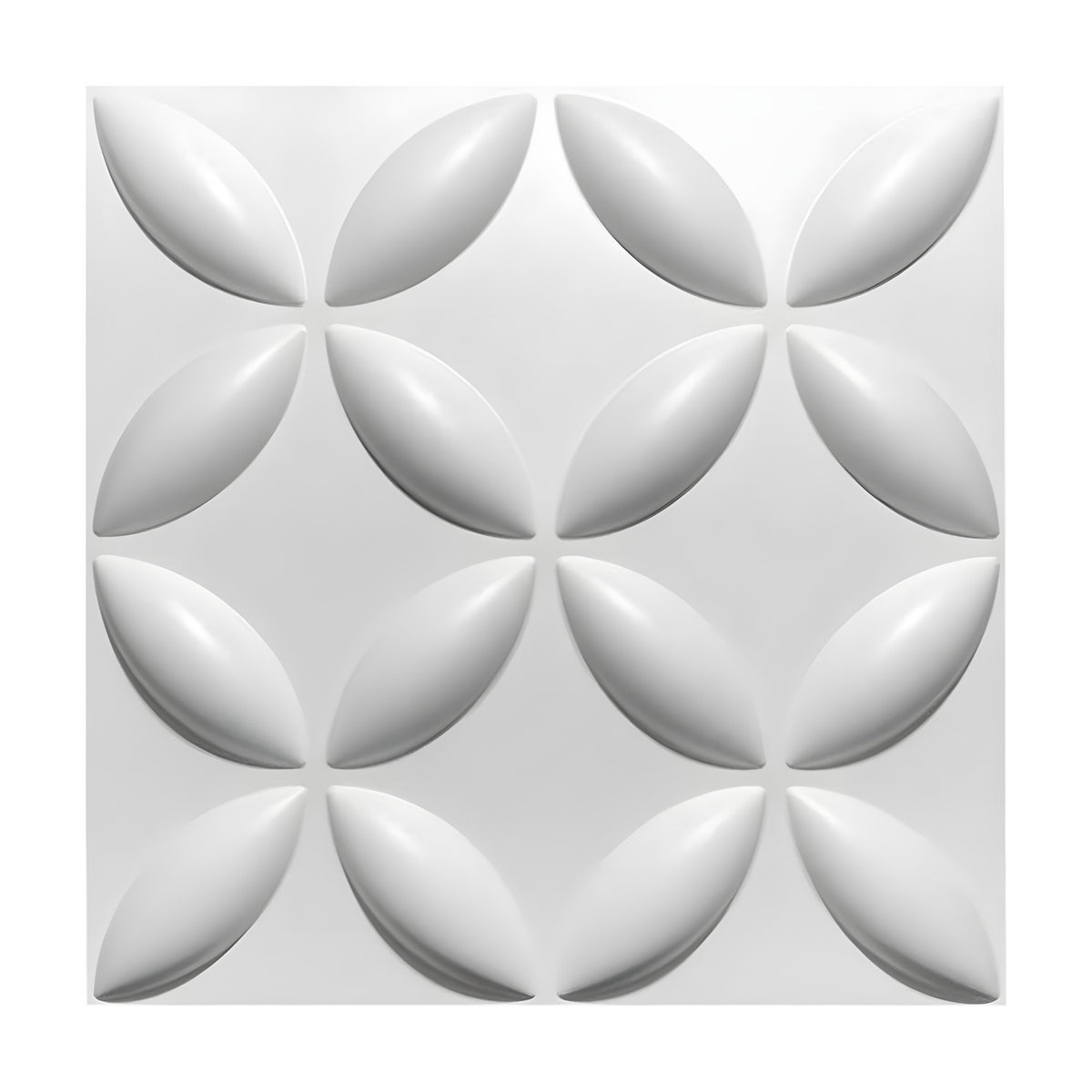 White PVC 3D wall panel, 50 x 50cm, with sixteen domed almond petals arranged diagonally to form X-shaped lattice flowers, shown on a plain white background.