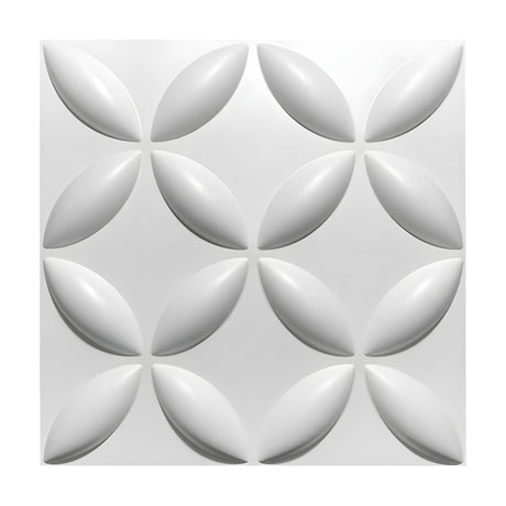 White PVC 3D wall panel, 50 x 50cm, with sixteen domed almond petals arranged diagonally to form X-shaped lattice flowers, shown on a plain white background.