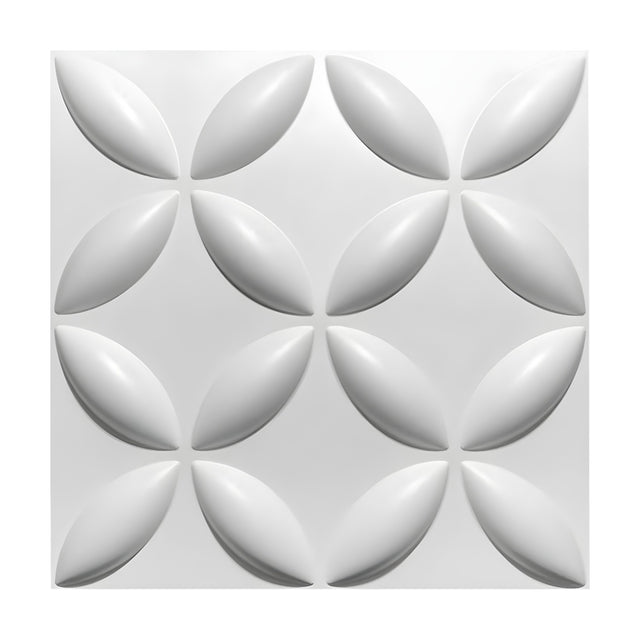 White PVC 3D wall panel, 50 x 50cm, with sixteen domed almond petals arranged diagonally to form X-shaped lattice flowers, shown on a plain white background.