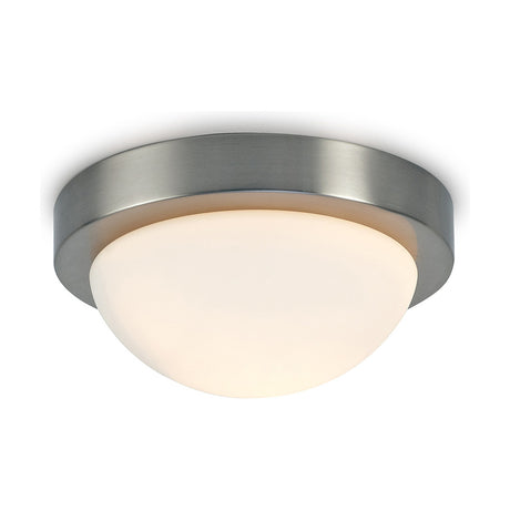 Porter E27 flush ceiling light, 21.5cm satin nickel ring with domed opal white glass diffuser, shown on a plain white background.