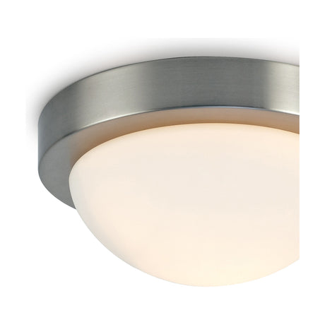 Close-up of the Porter E27 Flush Ceiling Light, 21.5cm, showing an opal white glass dome set within a satin nickel rim against a plain white background.